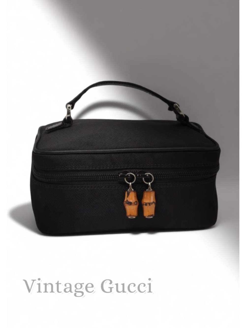 Gucci Vintage Bamboo Vanity Case Black Nylon Leather Trim